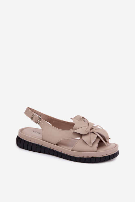Leather Women's Sandals With Decorative Flower Vinceza 66917 Beige