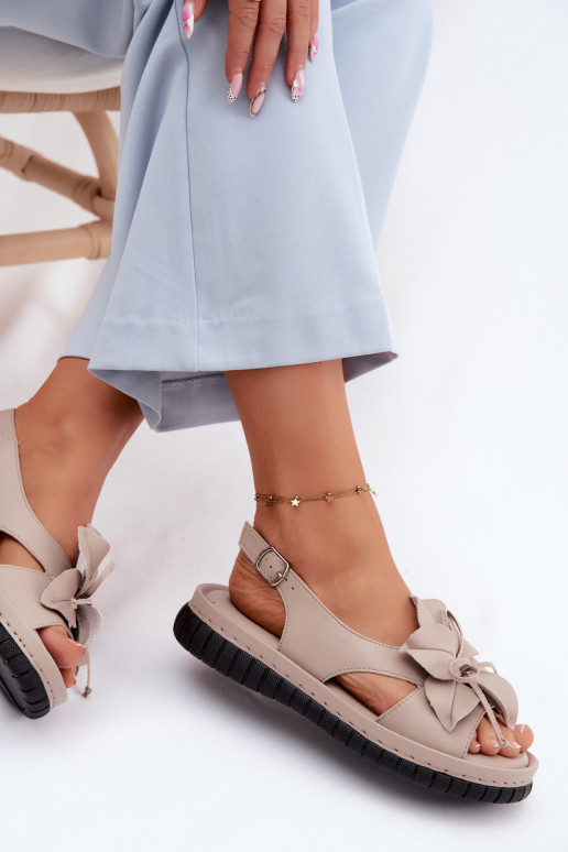 Skórzane Sandały DamskiewithOzdobnym Kwiatkiem Vinceza 66917 Beżowe