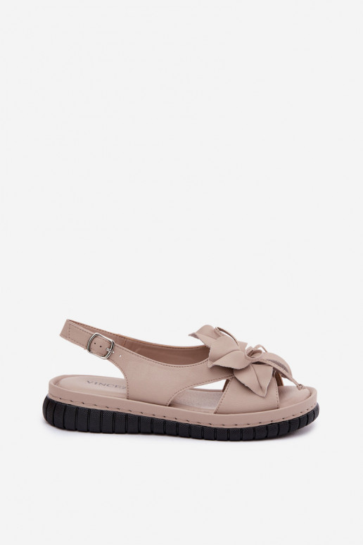 Leather Women's Sandals With Decorative Flower Vinceza 66917 Beige