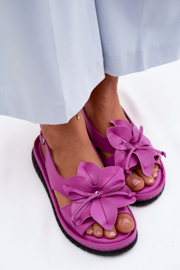 Leather Women's Sandals With Decorative Flower Vinceza 66917 Fuchsia