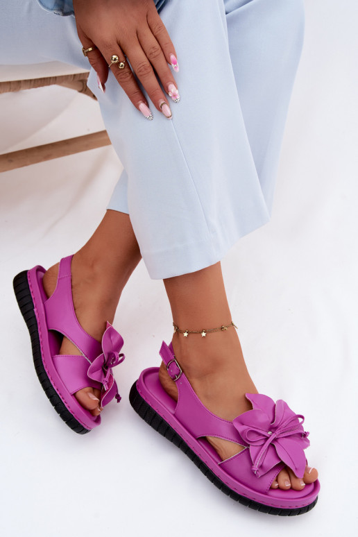 Leather Women's Sandals With Decorative Flower Vinceza 66917 Fuchsia