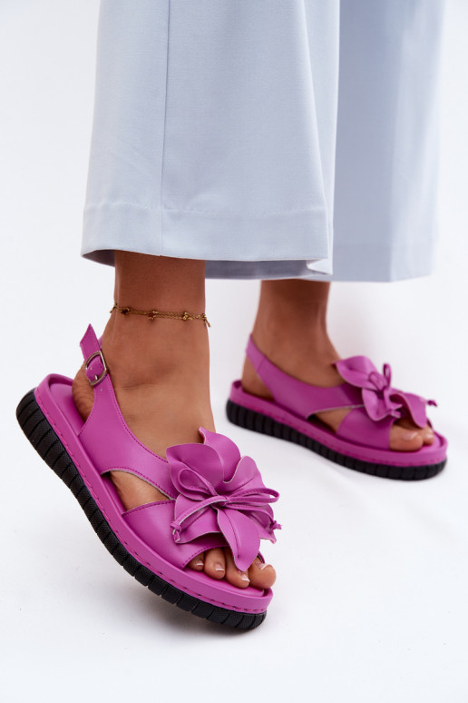 Leather Women's Sandals With Decorative Flower Vinceza 66917 Fuchsia