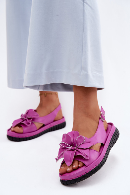 Leather Women's Sandals With Decorative Flower Vinceza 66917 Fuchsia