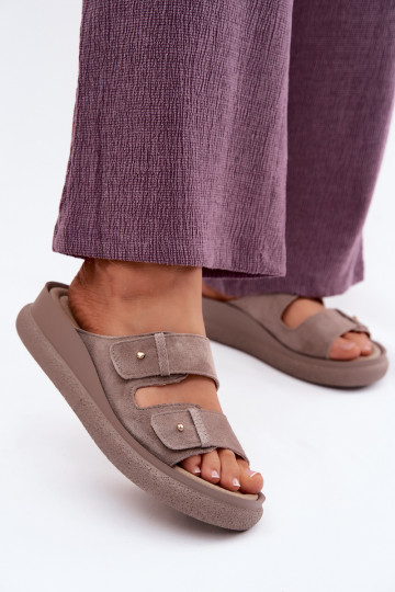 Leather Suede Women's Platform Sandals Vinceza 66916 Dark Beige