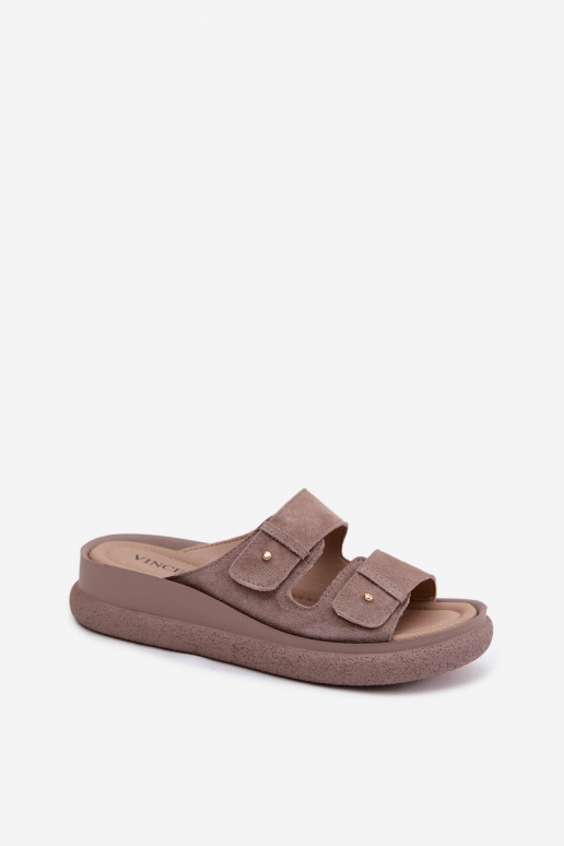 Sand-colored faux suede women's slippers on a platform Vinceza 66916