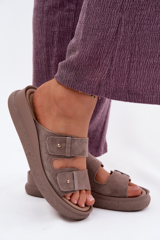 Leather Suede Women's Platform Sandals Vinceza 66916 Dark Beige