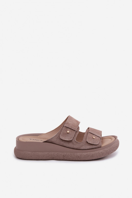 Sand-colored faux suede women's slippers on a platform Vinceza 66916