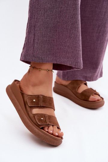 Brown faux suede women's slippers on a platform Vinceza 66916 2