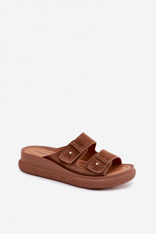 Skórzane Zamszowe Klapki Damskie Na Koturnie Vinceza 66916 Camel