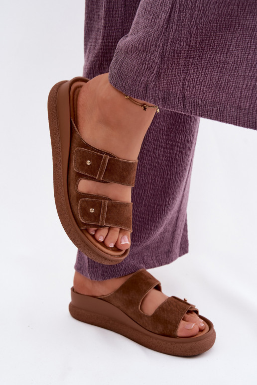 Brown faux suede women's slippers on a platform Vinceza 66916
