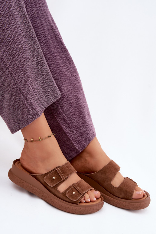 Brown faux suede women's slippers on a platform Vinceza 66916