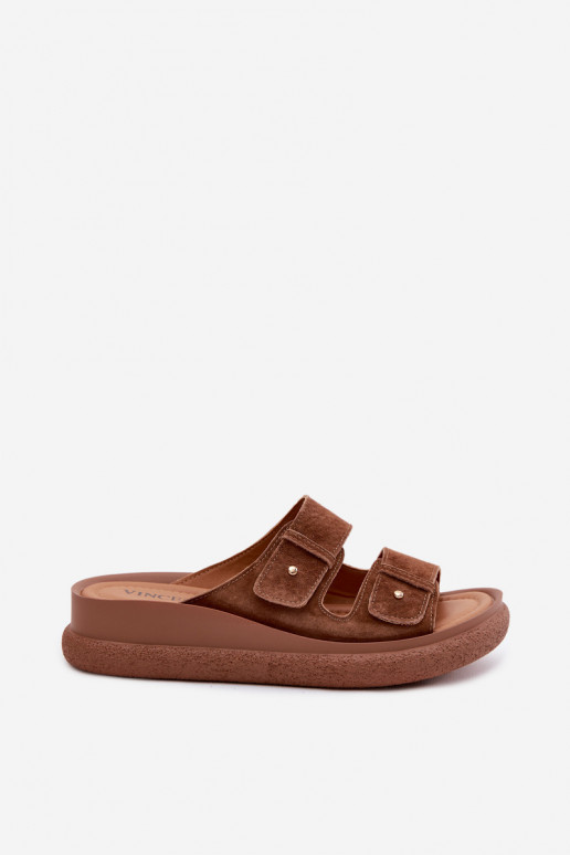 Brown faux suede women's slippers on a platform Vinceza 66916