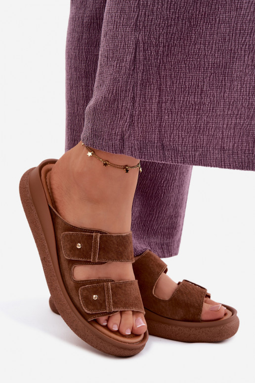 Brown faux suede women's slippers on a platform Vinceza 66916