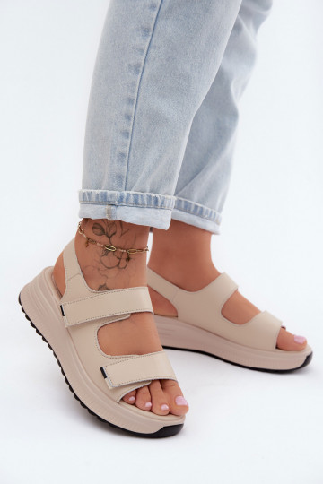Leather Women's Platform Sandals With Velcro Beige Jemela 2