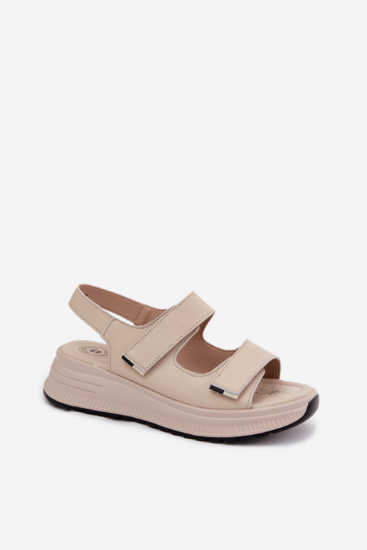Leather Women's Platform Sandals With Velcro Beige Jemela