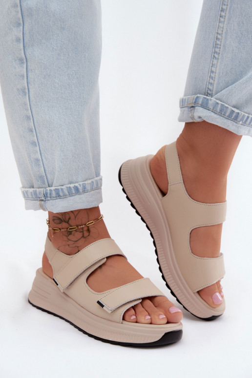 Leather Women's Platform Sandals With Velcro Beige Jemela