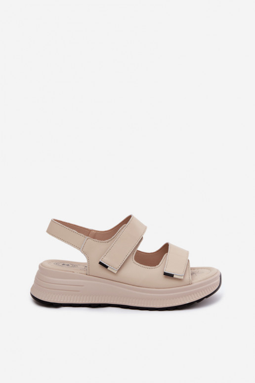 Leather Women's Platform Sandals With Velcro Beige Jemela