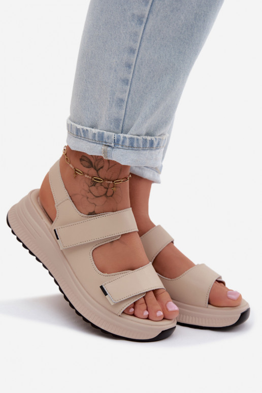 Leather Women's Platform Sandals With Velcro Beige Jemela
