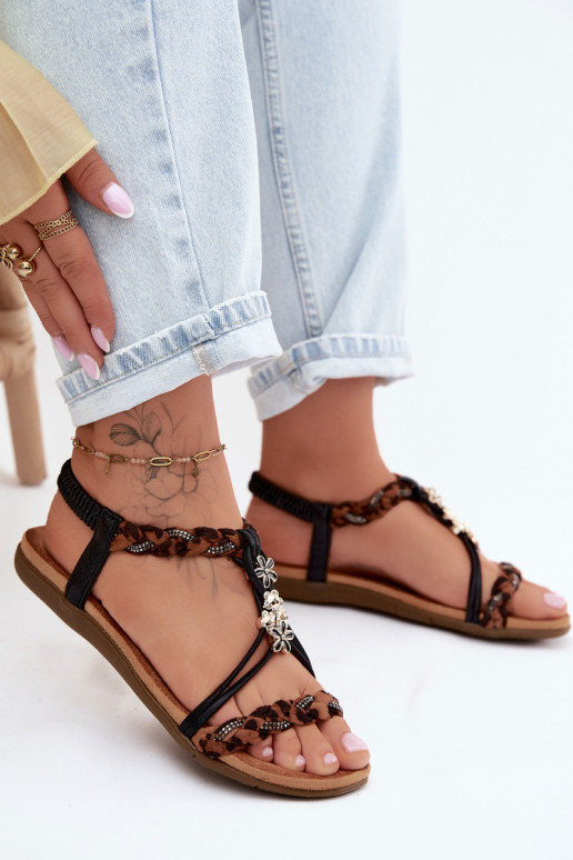 Black women's sandals with straps and leopard patterns Nusoreth
