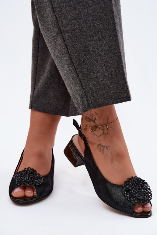 Leather Women's Block Heel Sandals With Decoration D&A CR61-3030 Black