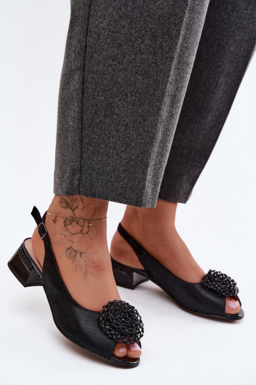 Leather Women's Block Heel Sandals With Decoration D&A CR61-3030 Black