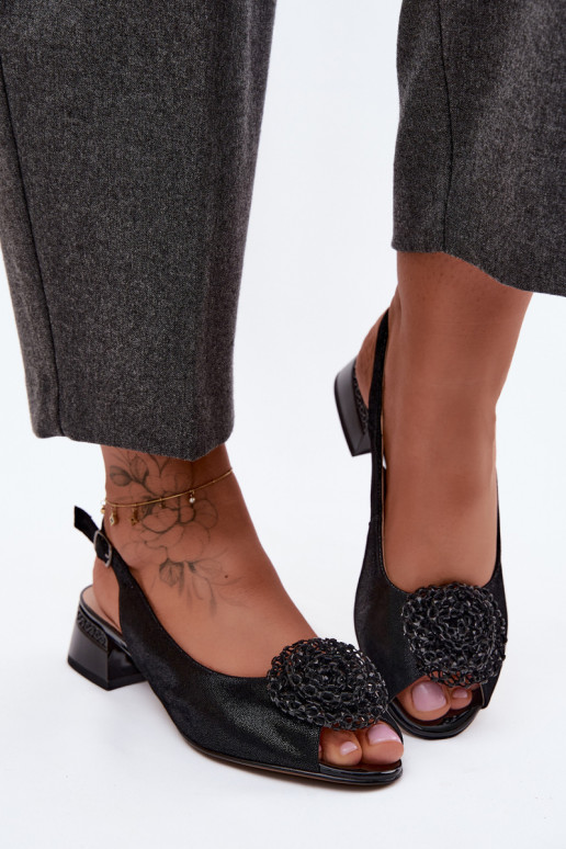 Leather Women's Block Heel Sandals With Decoration D&A CR61-3030 Black