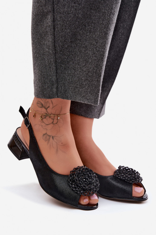 Leather Women's Block Heel Sandals With Decoration D&A CR61-3030 Black