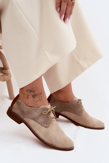 Elegant sand and brown women's leather shoes with laces Zazoo 4238
