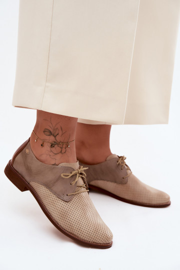 Elegant sand and brown women's leather shoes with laces Zazoo 4238 2