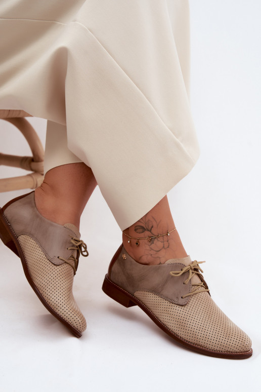 Elegant sand and brown women's leather shoes with laces Zazoo 4238