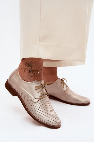 Eleganckie złote damskie buty skórzane z sznurowadłami Zazoo 4238