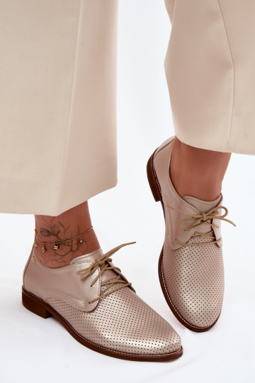 Elegant golden women's leather shoes with laces Zazoo 4238 2