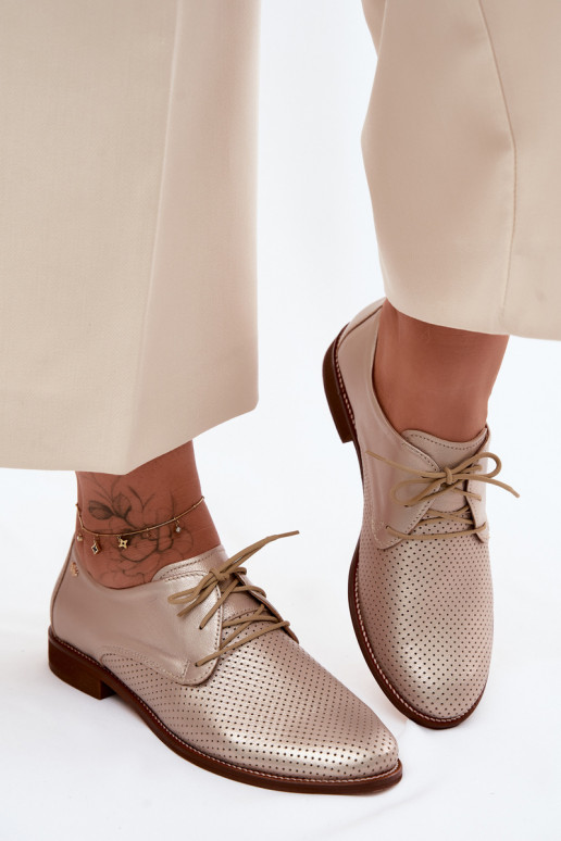 Eleganckie złote damskie buty skórzane z sznurowadłami Zazoo 4238
