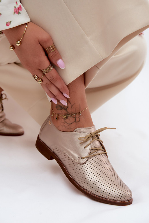 Eleganckie złote damskie buty skórzane z sznurowadłami Zazoo 4238