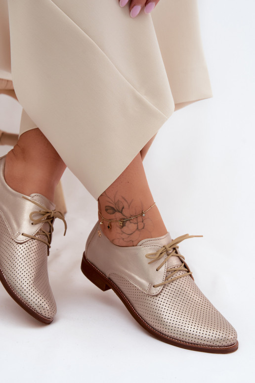 Eleganckie złote damskie buty skórzane z sznurowadłami Zazoo 4238