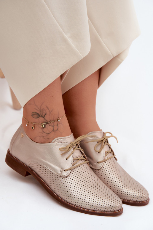 Elegant golden women's leather shoes with laces Zazoo 4238