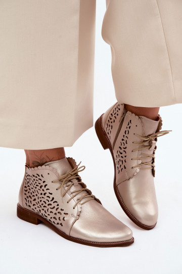 Elegant golden perforated leather ankle boots with wide heels Zazoo 4078