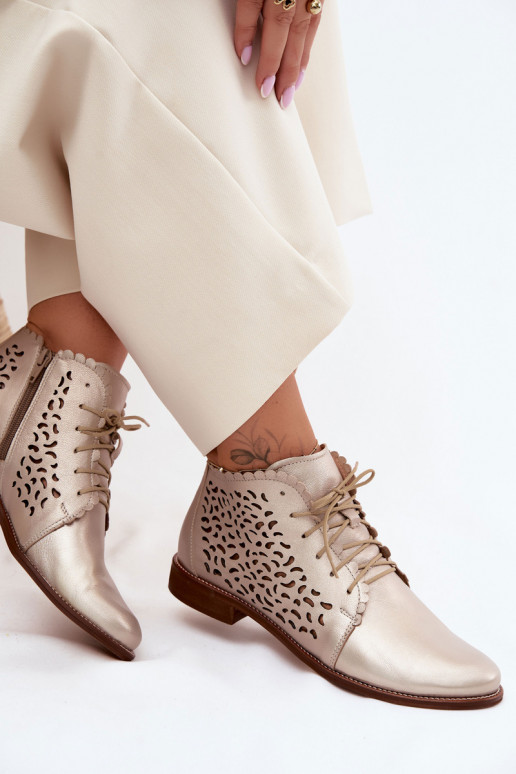 Elegant golden perforated leather ankle boots with wide heels Zazoo 4078