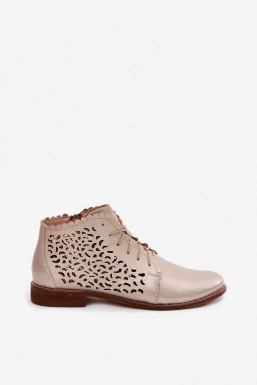 Elegant golden perforated leather ankle boots with wide heels Zazoo 4078