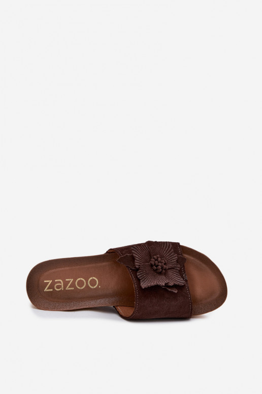 Zazoo 40312 šokolado spalvos zomšinės šlepetės su platforma ir puošniais gėlių ornamentais