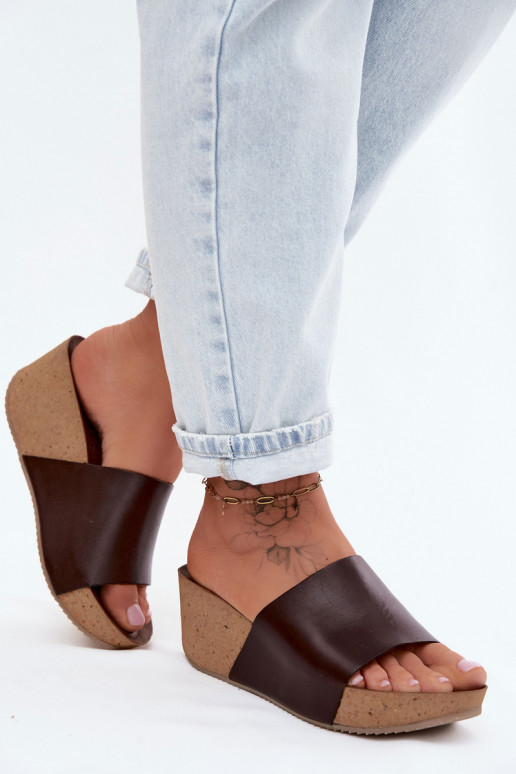 Zazoo 40291 chocolate-colored leather slippers with cork sole