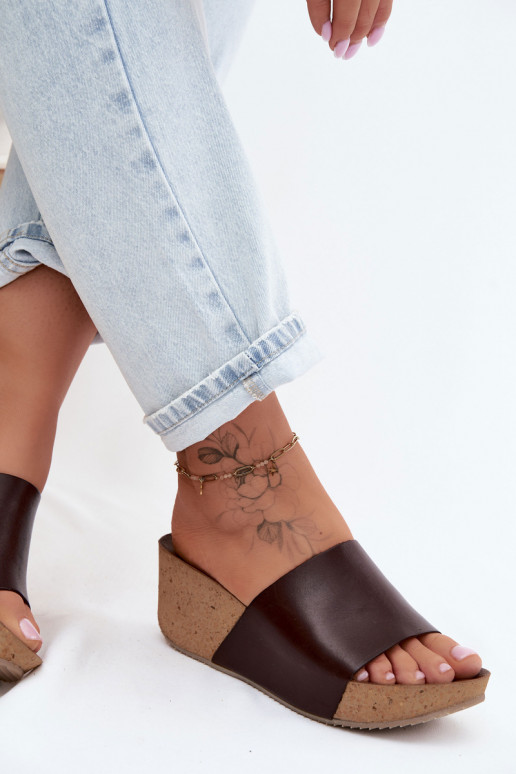 Zazoo 40291 Skórzane Klapki Damskie Na Korkowym Koturnie Czekoladowe