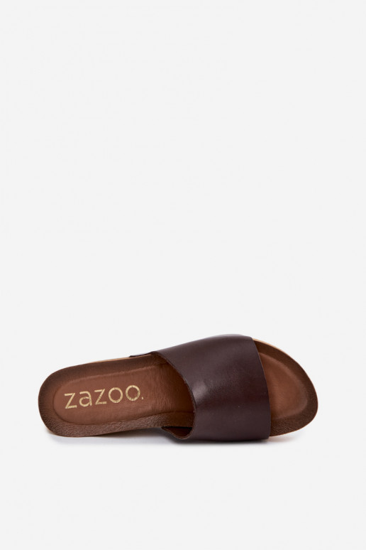 Zazoo 40291 šokolado spalvos odinės šlepetės su kamštiniu padu