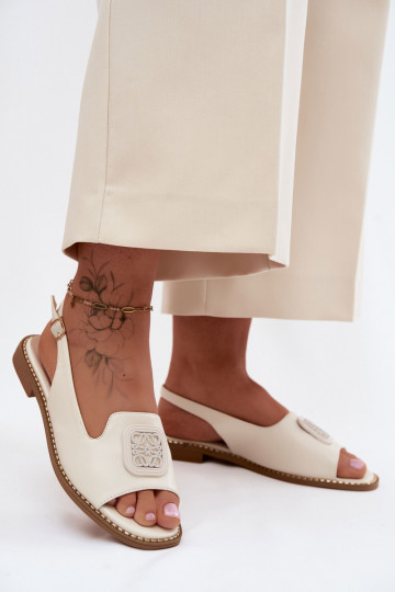 Cream-colored women's sandals with wide heels and ornaments S.Barski