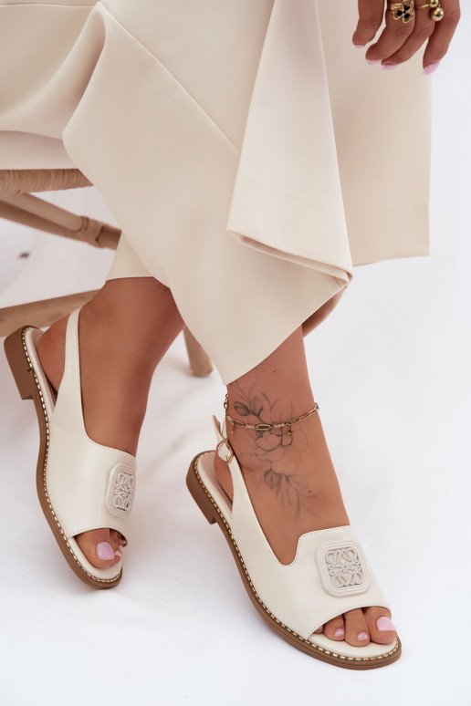 Women's Flat Heeled Sandals With Embellishment S.Barski KV61-6016 Cream