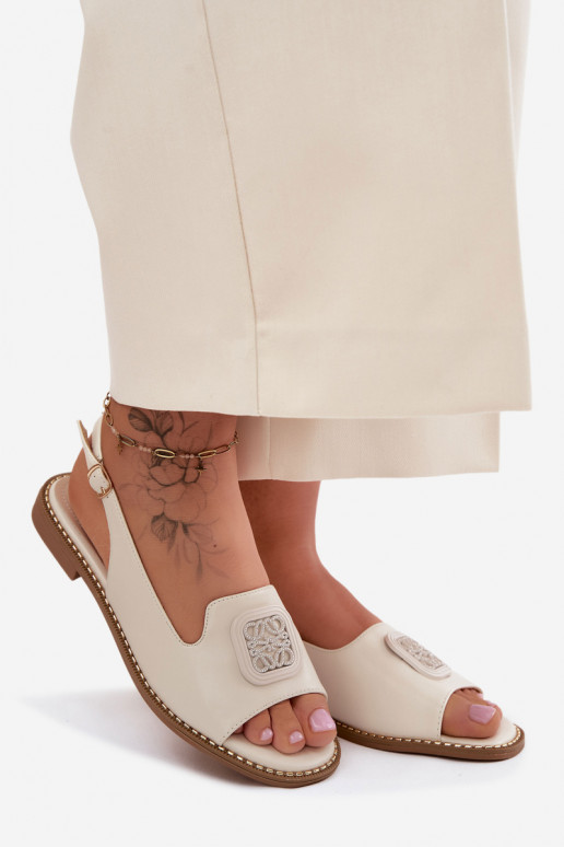 Women's Flat Heeled Sandals With Embellishment S.Barski KV61-6016 Cream