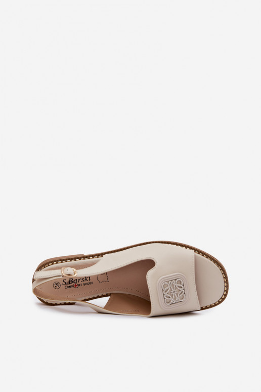 Cream-colored women's sandals with wide heels and ornaments S.Barski