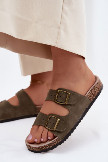 Women's Slides With Buckles On Cork Sole Dark Green Harleen