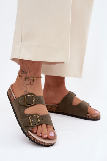 Khaki women's slippers with buckles on cork sole Harleen 2