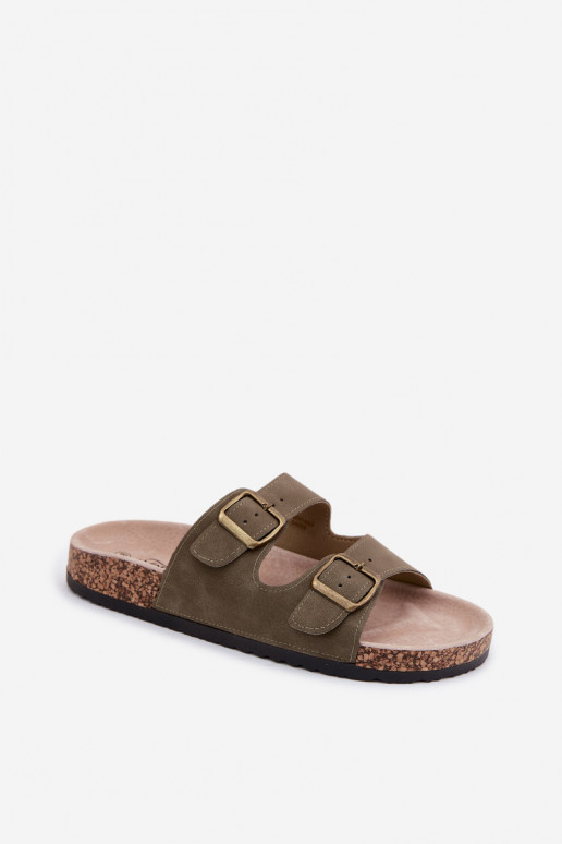 Women's Slides With Buckles On Cork Sole Dark Green Harleen